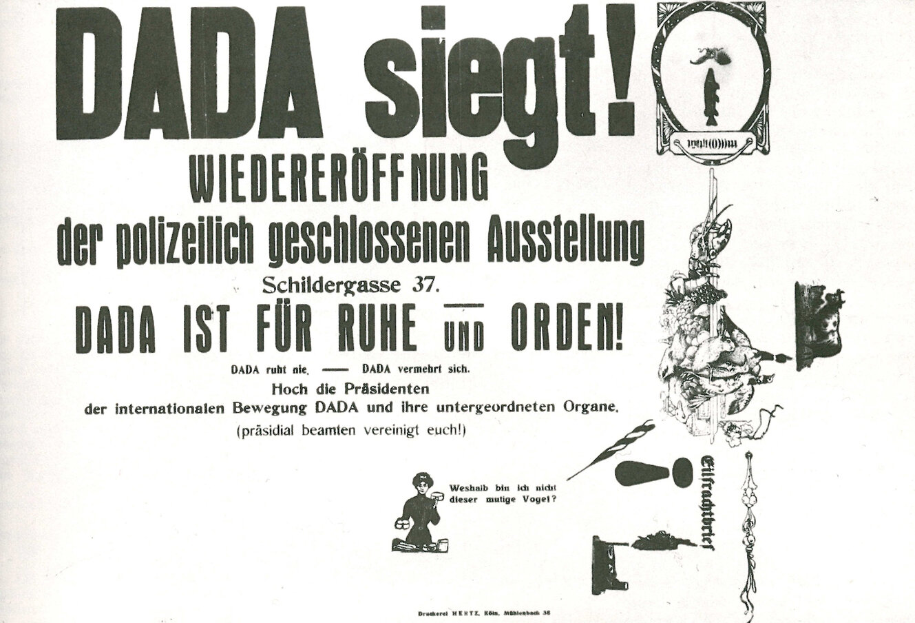 Schwarz-weiß Plakat mit Schrift und kleinen Illustrationen
