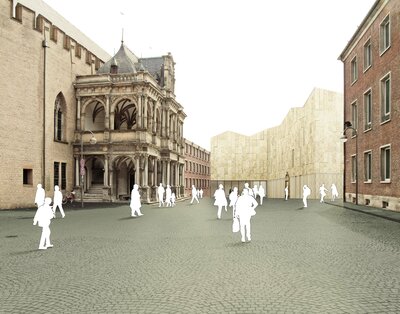 Weiße menschliche Silouetten auf dem Platz vor dem historischen Rathaus links und weiteren Gebäuden
