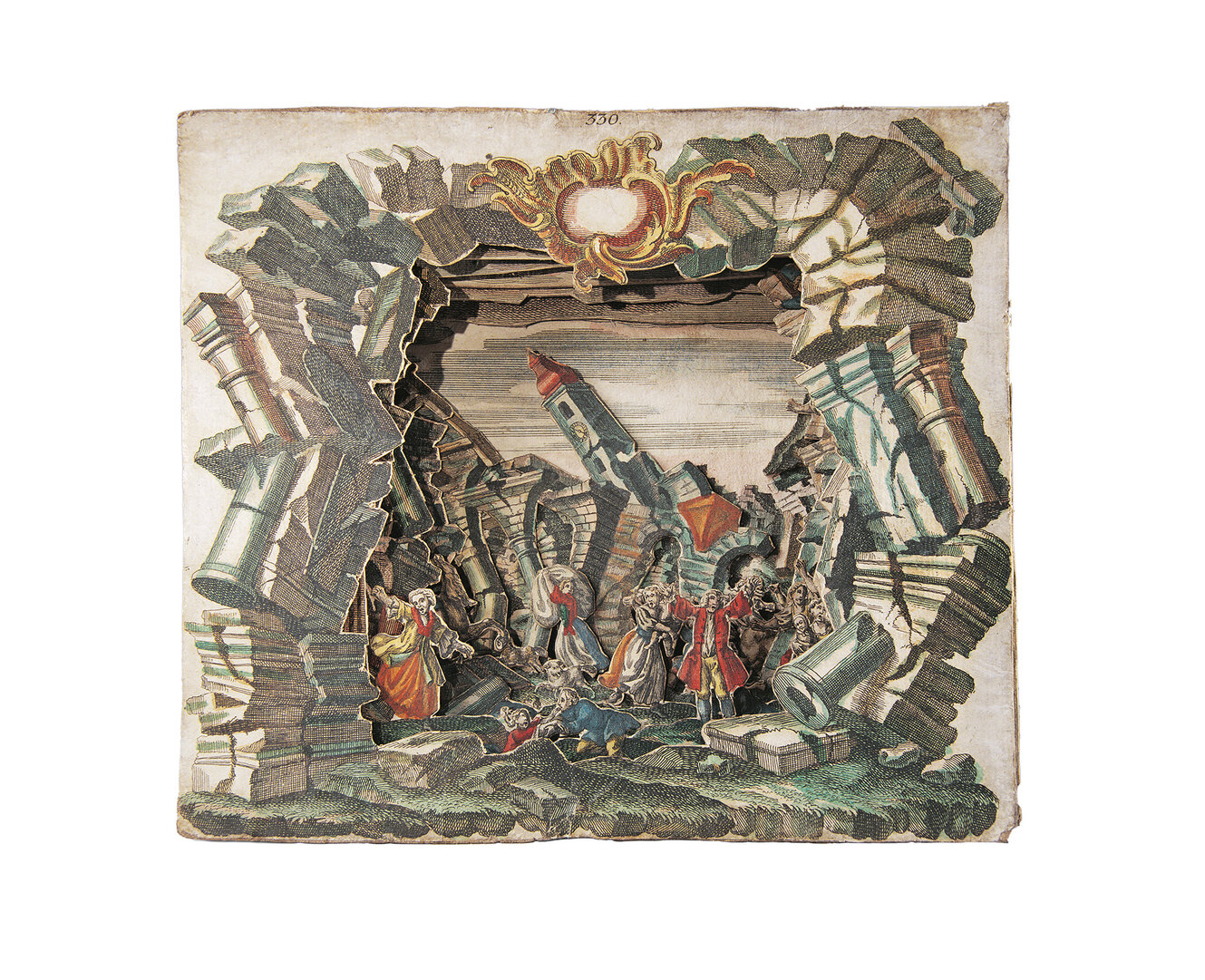 Martin Engelbrecht, Earthquake in Lisbon (The seven levels of perceptive depiction), hand-coloured copper engraving