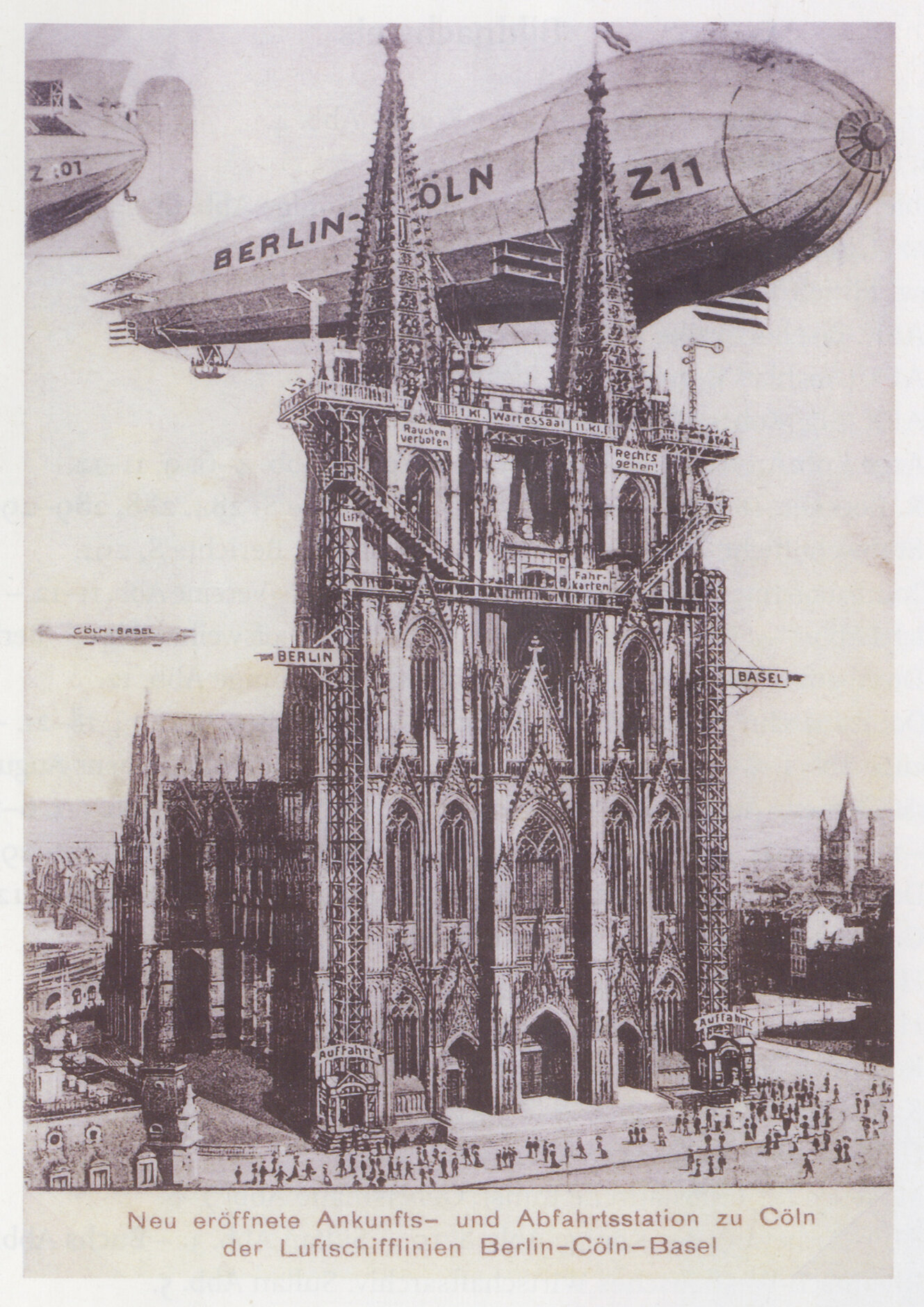 Bildpostkarte aus dem Jahr 1909, zeigt den Kölner Dom, dahinter ein Luftschiff