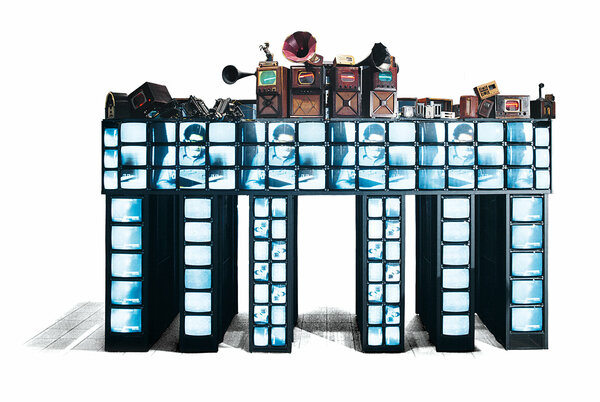 Nam June Paik, Brandenburger Tor, Skulptur aus Röhrenfernsehern die angeordnet sind wie das Brandenburger Tor