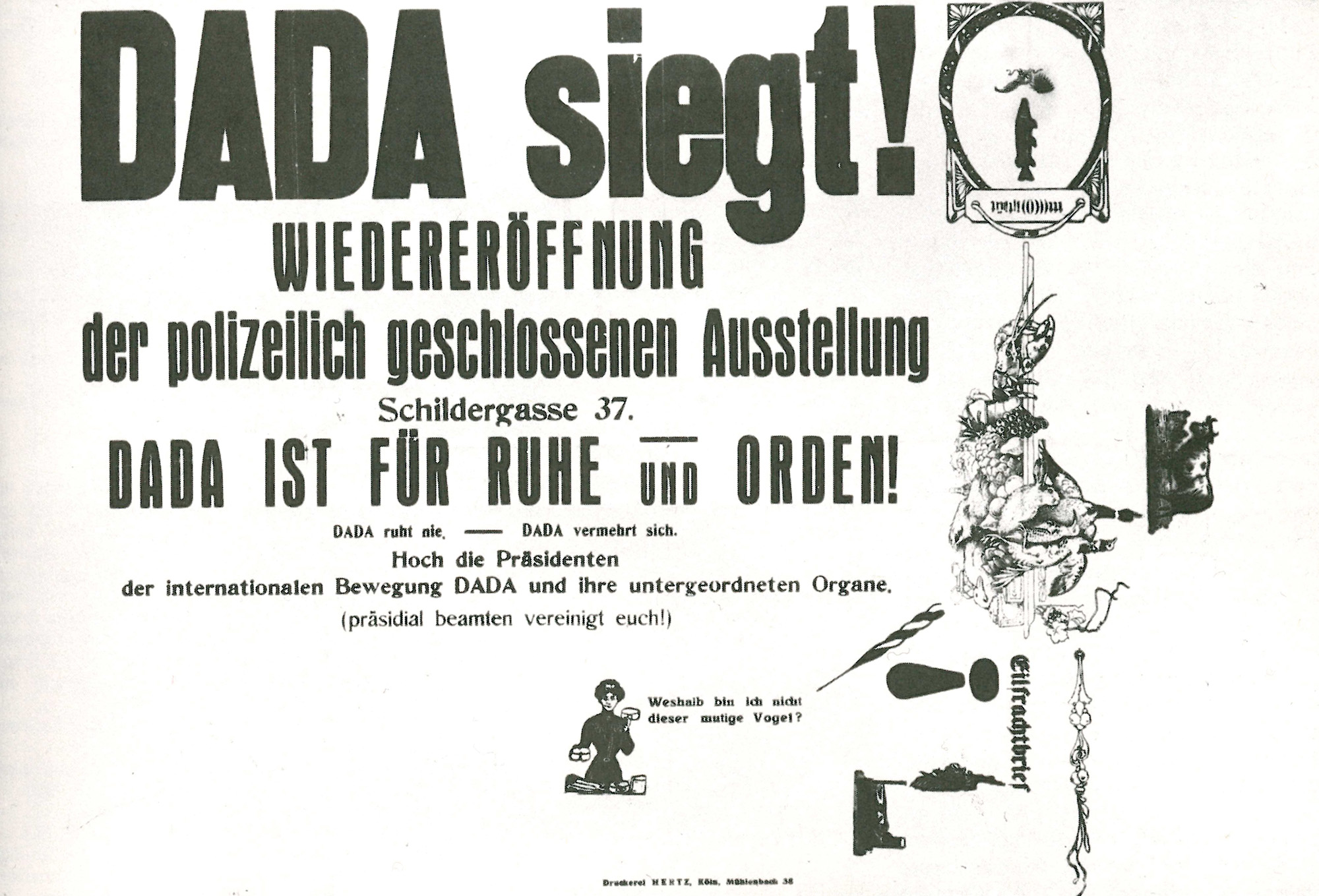 Schwarz-weiß Plakat mit Schrift und kleinen Illustrationen
