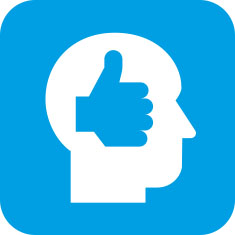 Piktogramm für Inklusion. Ein Daumen-Hoch-Symbol in einem profilig gezeigten Kopf.